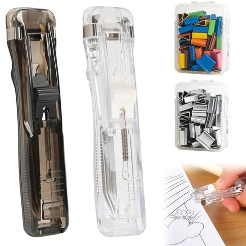 2 apiladores creativos reutilizables (negro + transparente), con 100 grapas reutilizables (de colores + plateados), soporte para apilador de pinza de empuje, apilador de clip portátil, para oficina en