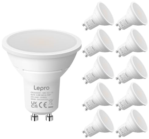Lepro GU10 LED Bulbs, Neutral White 4000K, 4.5W, 50W Equivalent, Pack of 10 | 345lm, 100° Wide Beam, Energy Saving LED Replacement, Non-Dimmable, Natural White Spotlight for Ceiling and Track Lights