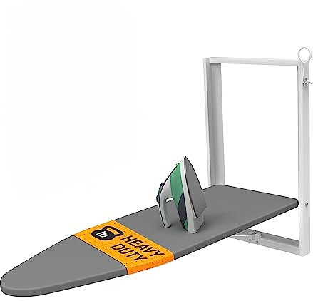 Xabitat Wall Mounted Ironing Board - Compact Mount Fold Down Ironing Board for Small Spaces - Space Saving with Cotton Fabric Cover - White and Grey