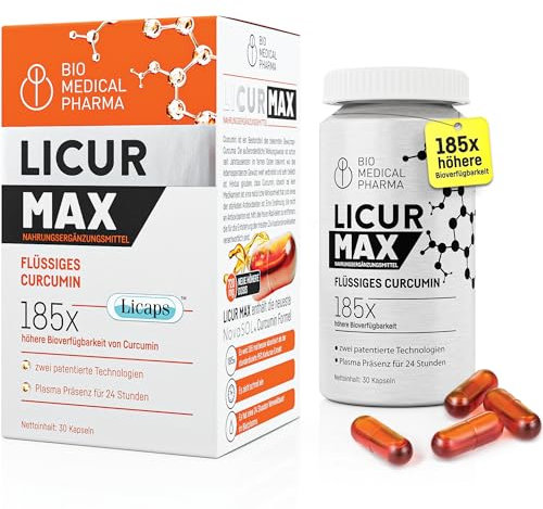 Kurkuma Kapseln hochdosiert – 185x Höhere Bioverfügbarkeit – Hochdosiertes Mizellen Curcumin – 1 Vegane Kapsel täglich – Entspricht 6.600 mg Kurkuma Pulver – Licur Max (Monatspack)