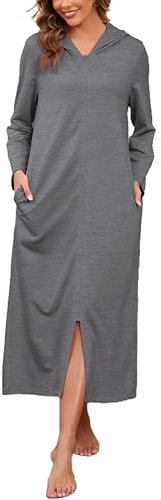 HALCYEEN Damen-Bademantel mit Kapuze, Reißverschluss, Langarm, Hausmantel, volle Länge, Nachthemd mit Taschen, S-XXL, Dunkelgrau, L
