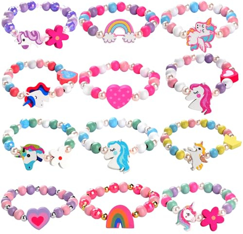 JOTIKO 12 Pcs Kids Bracelets for Toddlers Girls - Unicorn Party Favors Goodies Bag Stuffers Pinata Fillers, Cute Wooden Beaded Bracelets Princess Play Jewelry Birthday Party Return Exchage Gifts