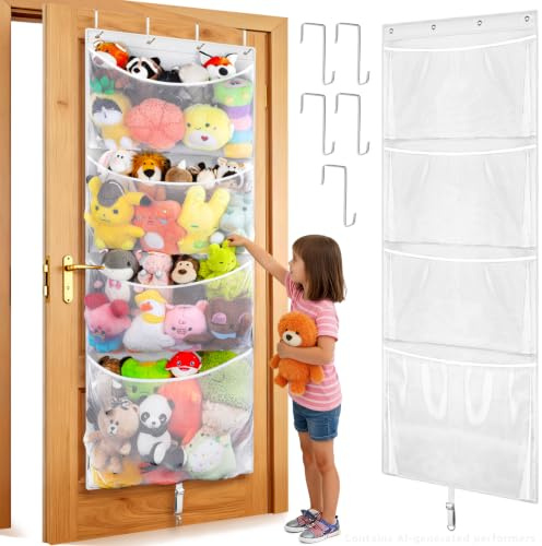Woodoulogy Hanging Stuffed Animal Storage, Over Door Large Plush Toy Organizer with Metal Hook, Baby Accessory Holder Idea for Nursery, Doll & Bear Mesh Hammock Bag for Girl Boy Kid Room