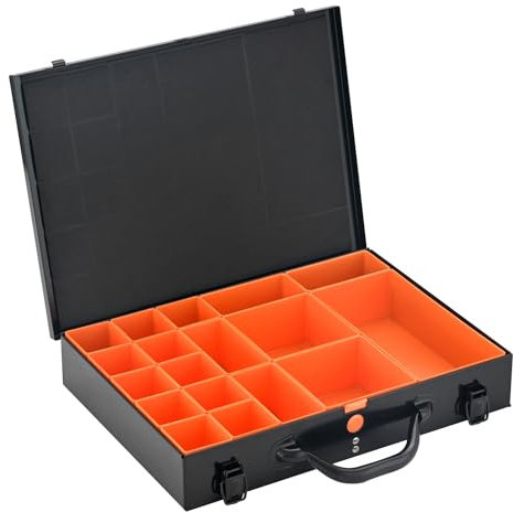 ALUBOX Sortimentsbox Kleinteilekoffer Stahlblech pulverbeschichtet mit 18 Einsatzkästen - 40 x 28 x 7 cm - schwarz
