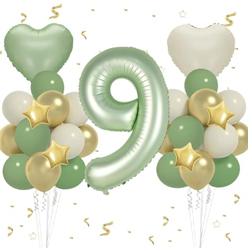 VUCDXOP - Globos de cumpleaños de 9 años, aguacate verde, 13 unidades de globos de cumpleaños, juego de papel de aluminio, globo número 9, números inflables globos 9, cumpleaños inflables globo para