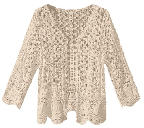 KBOPLEMQ Cardigan pour femme - Boléro Shrug - Manches 3/4 - Dentelle crochetée - Élégant - Paréos - Sexy - Bikini Cover Up - Veste avant - Cravate ouverte - Veste bohème