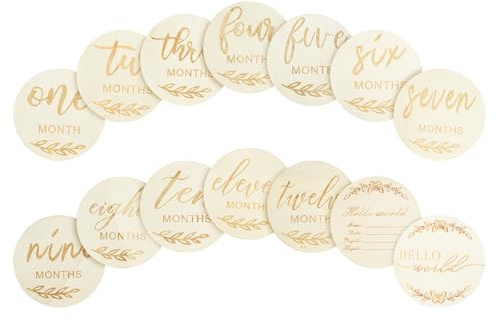 HAGOT 14 Pcs Tarjetas de Hitos Mensuales para Bebés, Mensuales de Madera para Bebés, Tarjetas Bonitas Cumple mes Bebe, Discos Cumplemeses de Madera para Recién Nacido