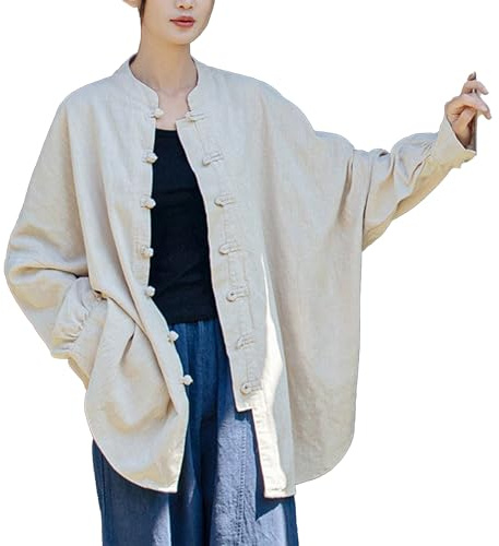 Women's Cotton Linen Shirt Button Jacket Vintage Long Sleeve Blouses Oversized Coat Top Spring Autumn Casual Wear (US, Alpha, One Size, Regular, Regular, Linen)