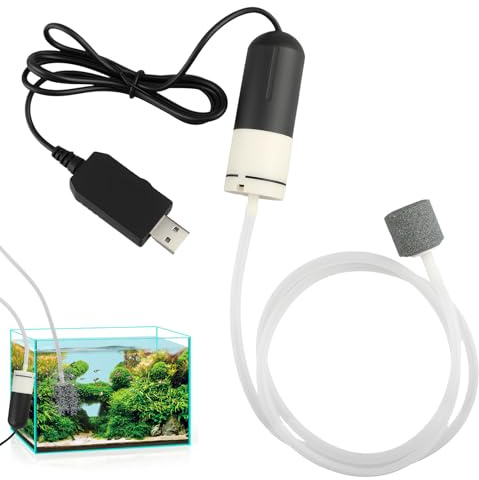 Mini USB Aquarium Luftpumpe Leise Sauerstoffpumpe mit Luftstein für Angeln Transport Stromausfall Energiesparende Fisch Tank Belüfter Tragbar mit Silikonschlauch Befestigung kleine Acuariosc Pequeños