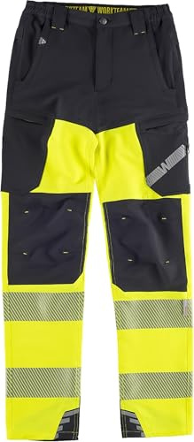 WORKTEAM Pantalón Elástico Alta Visibilidad con Cintas Reflectantes Segmentadas, Slim Fit, Multibolsillos con Cremallera, Refuerzo en Rodillas, Unisex Negro+Amarillo A.V. L