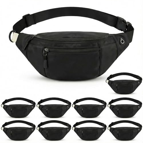 10 Pack Bulk Crossbody Fanny Packs, Black Plain Waist Bags for DIY HTV Vinyl, Large Capacity Oxford Sling Bag with Adjustable Strap, Waterproof Hip Belt Bag for Team Gifts & Travel