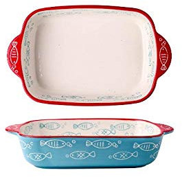 LKYU PlateFish Pattern Modern Creative Ceramic Ovenware Dual Handle Baking Dish Microwave Oven Available Baking Cheese Baked Rice Tool-C