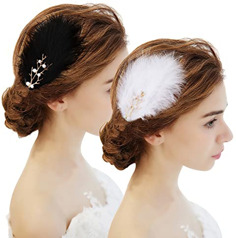 MWOOT - Pinzas para el pelo, plumas, 4 piezas, para disfraces de 1920, pasador de pelo, pluma blanca negra, para mujeres, niñas, ballet, danza clásica, patinaje, vestir para el cabello
