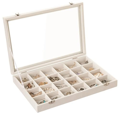Frebeauty Velvet plateau de bijoux 24 compartiments boîte de rangement de bijoux avec couvercle boucles d'oreilles boîte de rangement tiroir insérer bague cadeau fille (Beige 24 compartiments)