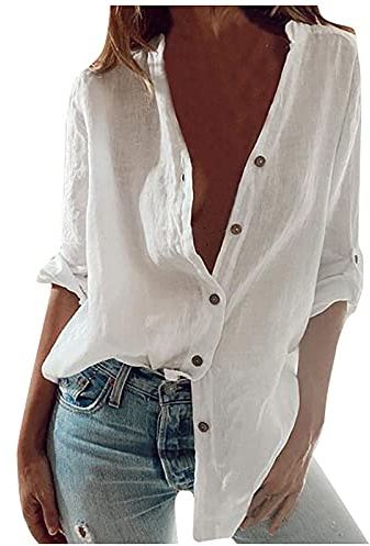 Linneskjorta Långärmad Damer Sommar Blus i Stora Storlekar med Button Down Oversize Linneblus Henley Vintage Tunika