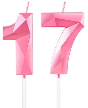 mciskin Pink 17th Birthday Candles, 3D Number 17 Candles for Cake, Girls Boys 17th Birthday Decorations,Pearl Pink Candle Cake Topper Decorations for Birthday Party Weddings Anniversary Supplies