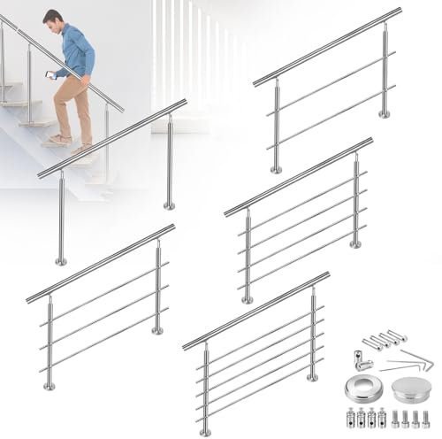 FIVMEN Edelstahl Treppengeländer Außen 150cm Handlauf Geländer Brüstung mit 2 Pfosten Bausatz Treppen für Innen und Außen, 3 Querstreben