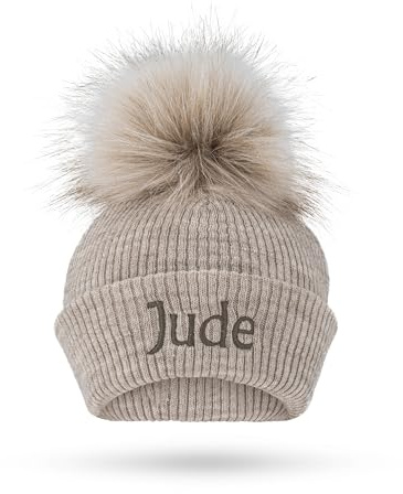 Lobeko Personalised Baby Pom Hat, Winter Hat Baby Girl, Newborn Hat Baby Boy, 0-18 Months, 5 Colours (UK, Age, 0 Months, 6 Months, Sand)