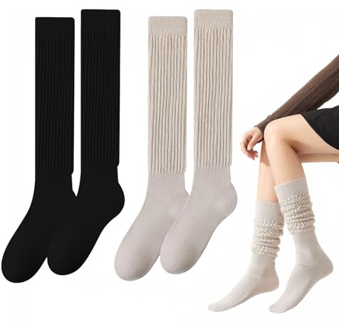 SEFIRST 2 Pièces Chaussettes Hautes Montantes Femme Filles, Chaussettes Décontractées Extra Longues, Souples Chaussette Empilées Montantes Tricotées Chaussette de Bottes, Noir Kaki