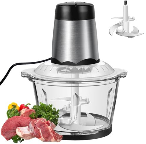 Mini robot culinaire 300W, hachoir à viande électrique, puissant hachoir à légumes avec récipient en verre 2L et 4 lames tranchantes,hachoir électrique réglable à 2 vitesses pour viande, noix, légumes