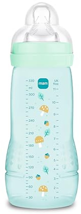 MAM Biberon Easy Active Baby Bottle 330 ml, Azzurro | Forma ergonomica per manine piccole, Silicone SkinSoft, Tettarella misura 3, Anti-goccia, Tappo misurino, Senza BPA/BPS