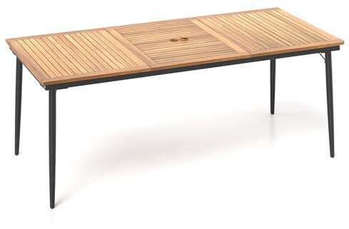 KOMFOTTEU Table de Jardin avec Trou pour Parasol, Table à Manger en Bois d'acacia pour 8 Personnes, 200 x 100 x 75 cm, Tables d’Extérieur, Jambes en Métal, pour Cour, Patio (Modèle D)