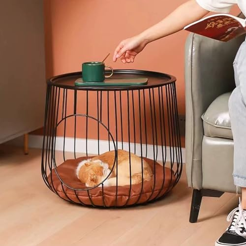 Table basse ronde avec cadre en métal, table d'appoint pour animal domestique avec trou de taille chat pour salon, chambre à coucher, rangement d'appartement