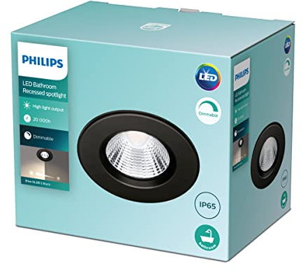 Spot LED PHILIPS Dive à intensité variable blanc chaud 2700K 5,5W IP65, pour éclairage de salle de bain et cuisine, noir