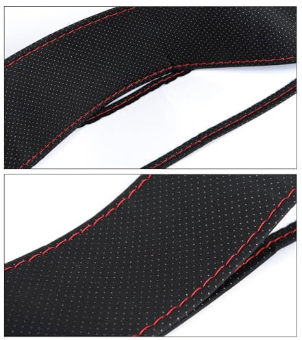 GoGou DIY Auto-Lenkradbezug aus Leder, 37–38 cm, rutschfestes, atmungsaktives Mikrofaser-Leder, universell, schwarz, rot, mit Nadel und Faden