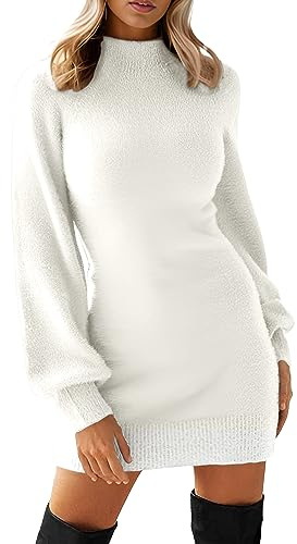 GRECERELLE Womens Jumper Dress Winter Mock Neck Long Sleeve Bodycon Knit Pullover Jumpers Ladies Mini Sweater Dresses (White, L)