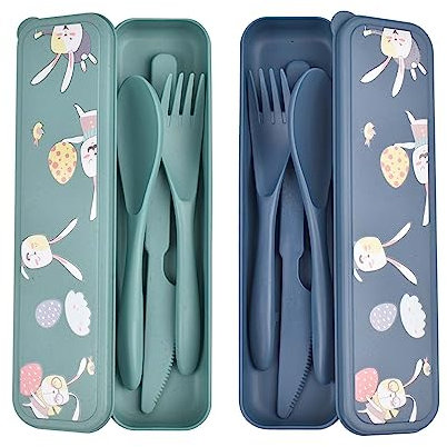 Jiayaus 2PCS Large Travel Cutlery Set with Case - Cute Rabbit Pattern, Plastic Cutlery Set, Reusable Portable Cutlery Sets for Camping, Work, Picnic, Daily Use