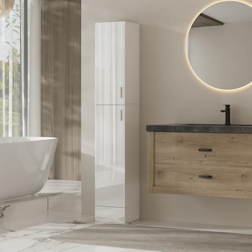 Rainbow Tree 188cm Tall Corner Cabinet High Gloss with 4-Tier Shelves & 2 Doors, Bathroom Floor Cabinet, High Gloss Corner Shelf for Living Room White