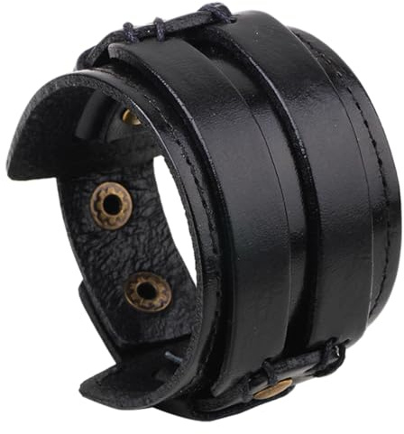 CALFOVERA Punk Genuine Leather Cuff Bracelet Black Adjustable Cowhide Leather Wrap Wristband with Snap Button Clasp Wide Handmad Gothic Bangle Arm Armor for Men Women Halloween Costume Party