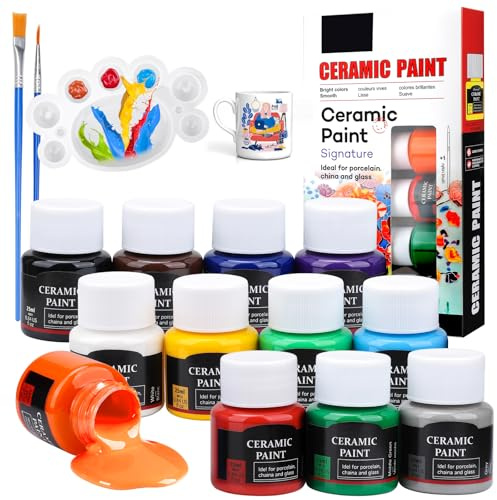 Teokantz Ceramic Paint Set, 12 x 25 ml Porcelain Paint Dishwasher Washable after Firing, Opaque Ceramic Paints for Pottery, DIY Mugs, Cups, Plates, Ceramics, with 1 Painting Palette & 2 Brushes