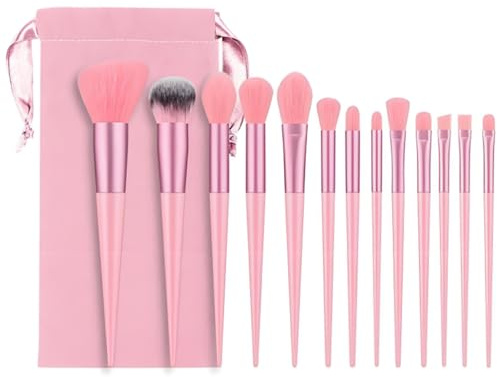 13-Piece Pink Makeup Brush Set with Carrying Pouch with Storage Bag Portable Travel Size Make Up Brush Set for Foundation Powder Eye Shadow Contour handles Soft Dense Bristles (Pink Brush & Bag)