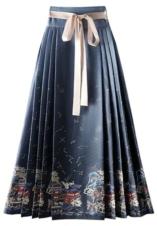 FQLGJMY Femmes Cheval Visage Jupe Plissée Cravate Jusqu'à A-Ligne Longue Impression Jupe Costume Traditionnel Chinois