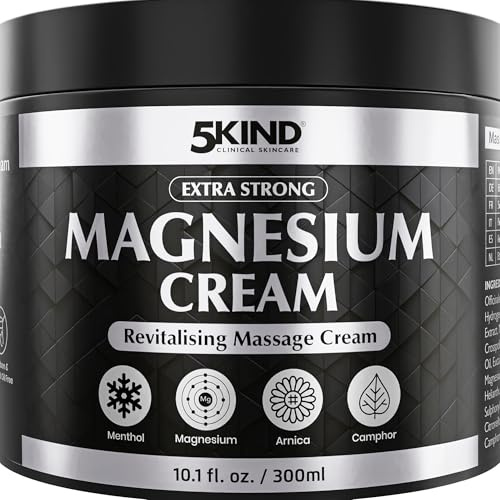 5Kind Crema de magnesio extrafuerte, 300ml - Crema de magnesio para músculos, articulaciones, espalda, rodillas, hombros - Enriquecida con árnica, eucalipto, consuelda, mentol y aceite de cáñamo