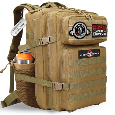 THORXCORE Mochila Crossfit - Mochila táctica 45L militar Impermeable, Compartimentos Organizados, para Gimnasio y Viajes - Duradera y Versátil personalizable con parches incluidos (Caqui2)