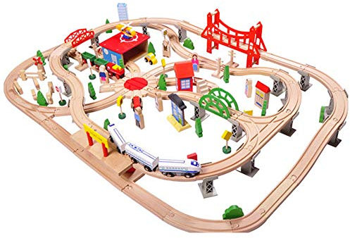 Bandits & Angels Holzeisenbahn-Set 130 Teile mit Bahnhof ab 3 Jahren für Jungen und Mädchen – Eisenbahnset mit 130 Teilen und 2 Holzeisenbahnen – Eisenbahngleise für Kinder mit Zubehör