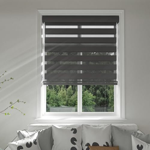 Changshade Kabellose Zebra-Jalousien für Fenster, Free-Stop-Rollos (83,8 cm B x 183,9 cm H, schwarz), doppellagige Lichtfilterung, Privatsphäre für Tag und Nacht, thermisch isoliert, aufrollbarer