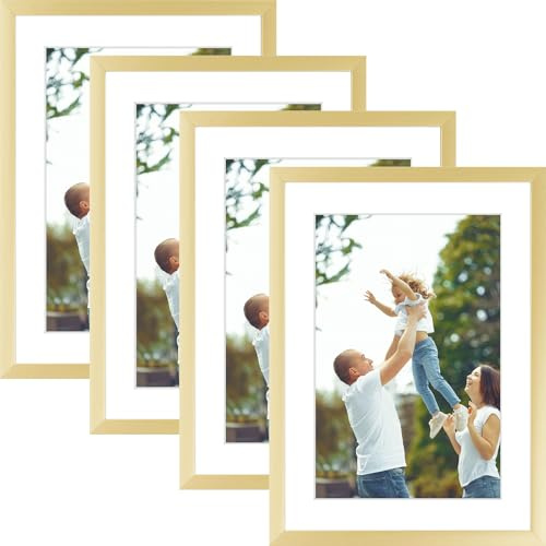 Golden State Art - 5x7 Metal Picture Frames with Mat for 4x6 Photo - Set of 4-5 x 7 Aluminum Photo Frame with Real Glass - Wall Decor or Tabletop Display - Modern Gold