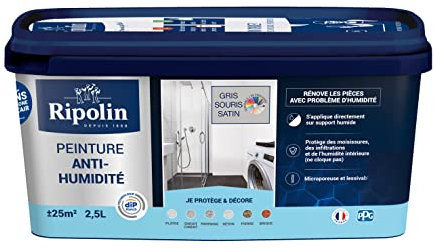 RIPOLIN - Peinture Anti-Humidité Intérieur - Haute Protection pour Murs Sujets aux Infiltrations d'Eau - Protège des Moisissures - Microporeuse & Lessivable - Satin - 2,5L - Gris Souris