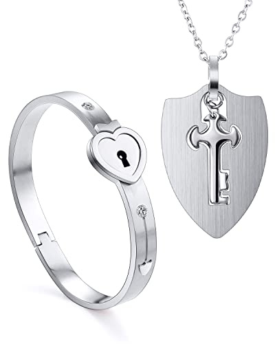 2 pezzi braccialetto con ciondolo lucchetto catena chiave set per coppie, argento acciaio inox cuore blocco bracciale bracciali donna uomo collana catene per coppie coppia partner amicizia regalo BFF
