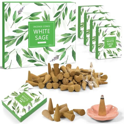 Incienso Natural Salvia Blanca - Conos para la Relajación, Meditación, Antiestrés, Decoración de Hogar, 120 Unidades, 8 Cajas y 2 Soportes