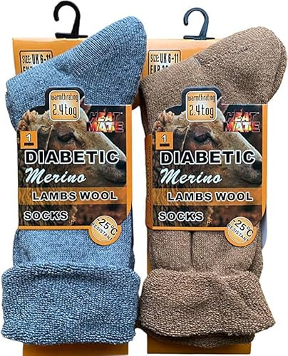 COSHAL® Herren Diabetiker-Socken, Merinowolle, extra warm, Thermosocken, 2,4 Tog, Wollsocken, Herren-Wandersocken, Outdoor-Wintersocken, Größe 39-45, Sortiert (2 Paar), 6-11