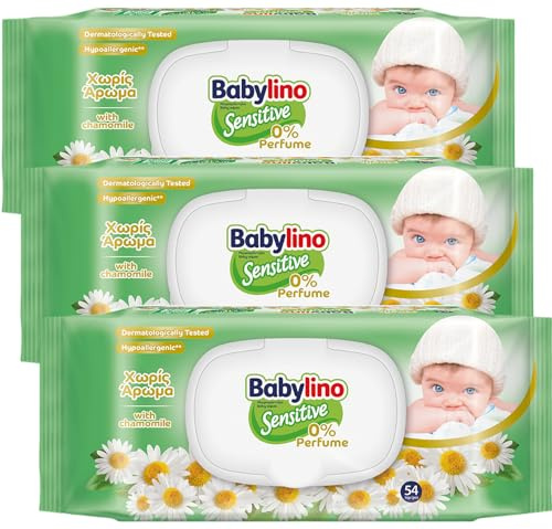 Babylino Sensitive Toallitas Sin Fragrancia, Fórmula 98% Natural que restaura el pH de la piel, 3 envases con cierre que ahorra frescor, 162 toallitas