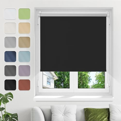 Verdunkelungsrollo ohne Bohren Klemmfix B80xH200cm Schwarz Verdunklungsrollo Fensterrollo Thermorollo Rollo Seitenzugrollo Klemmrollos für Fenster
