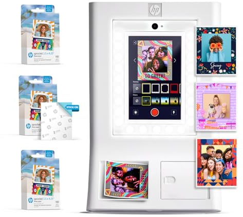 HP Sprocket Photo Booth Machine Instant Color Photo Printer (White) Paper Bundle + Zink 3.5 x 4.25” Zink Sticky-Backed Photo Paper (300 Sheets)