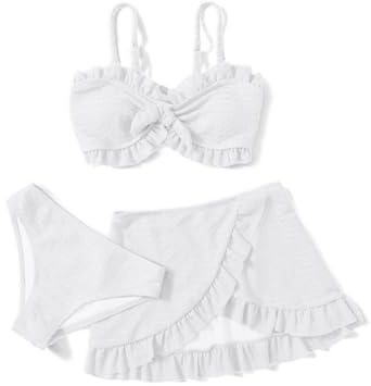 Maillot de Bain 3 pièces pour Fille avec Jupe torsadée sur Le Devant, Haut de Bikini, Slip de Bain de Couleur Unie et Jupe Cache-Maillot de Bain pour la Plage et la Piscine, Bikinis pour 5 à 14 Ans