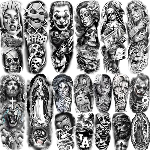 18 Sheets Chicano Full Arm Temporary Tattoos For Men Women Thigh, Chicana Guadalupe Joker Nun Girl Fake Sleeve Tattoos For Adults, Bulk Temp Jesus Christ Prison Black Halloween Tattoo Stickers